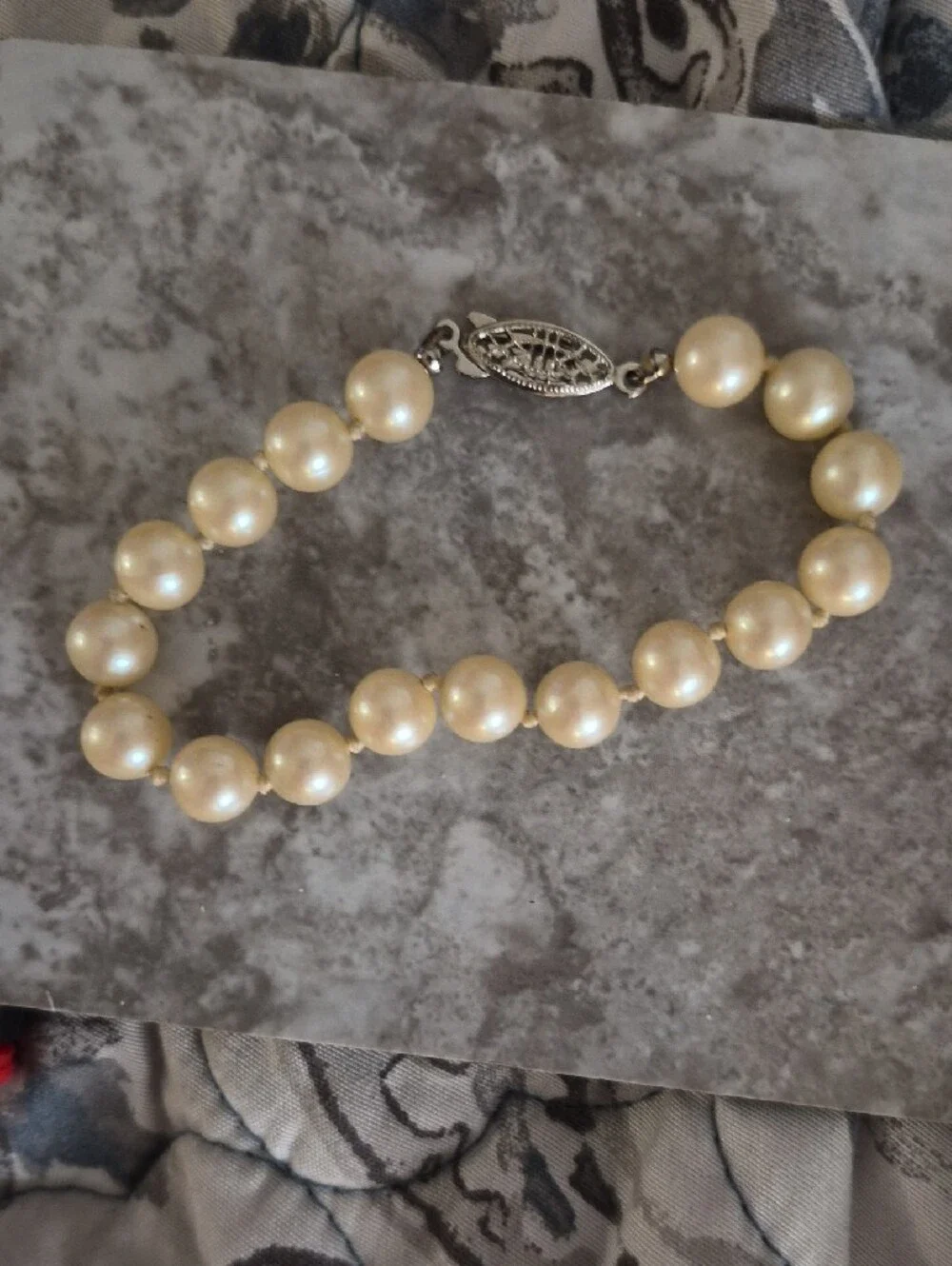 Vintage G Silver 8mm Pearl Hand Knotted German Silver Bracelet Filigree Clasp 7